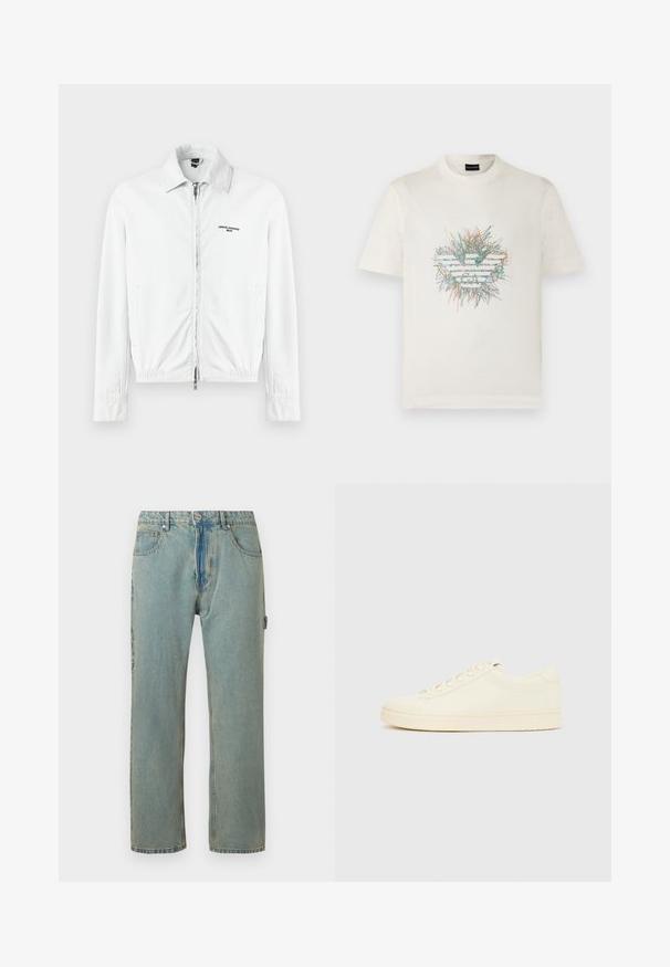 Valge korkkangast jakk, millel on täispikk tõmblukk, krae, küljetaskud ja "Armani Exchange Milano" logo rinnal.; Valge lühikeste varrukatega T-särk, mille esikülje keskel on värvikas abstraktne kriipsutis, mis moodustab stiliseeritud kotkalogi.; Heledad sinine, vaba lõikega teksapükse viie taskuga, nupuluku ja nähtava õmblusega. Kanga värv on pleekinud ja tekstuurne.; Kreemitonides spordijalats sileda nahkpealsega, ümarate varvastega, ees paelusega ja tekstuuriga kummist talla. Minimalistlik disain, ilma logodeta.