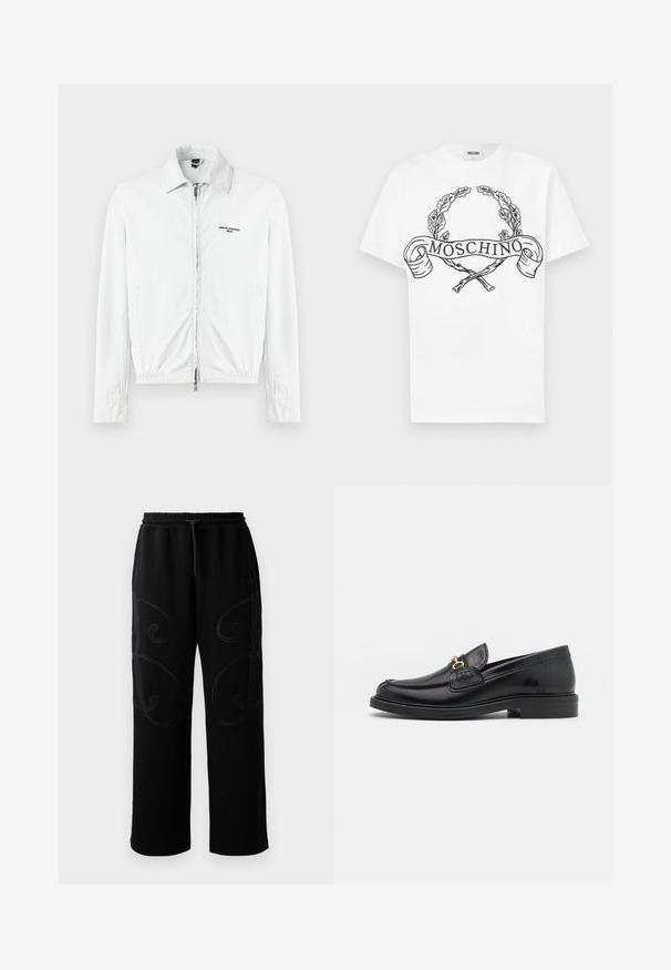 Valge korkkangast jakk, millel on täispikk tõmblukk, krae, küljetaskud ja "Armani Exchange Milano" logo rinnal.; Valge puuvillane T-särk, millel on must illustratsioon puhisevate okste ja paelaga, millel on kiri "Moschino". Lühikesed varrukad.; Mustad mustad, millel on mugav lõige, esipaneelide külgedel keerukate keerdudes õmblustega ja elastne vöökoht, kus on sang. ; Mustad nahast loafers ümarate varvastega, millel on kuldne riistvaraline aksessuaar ja tikandite detail, paigutatud madalale, tekstureeritud kummist tallale.