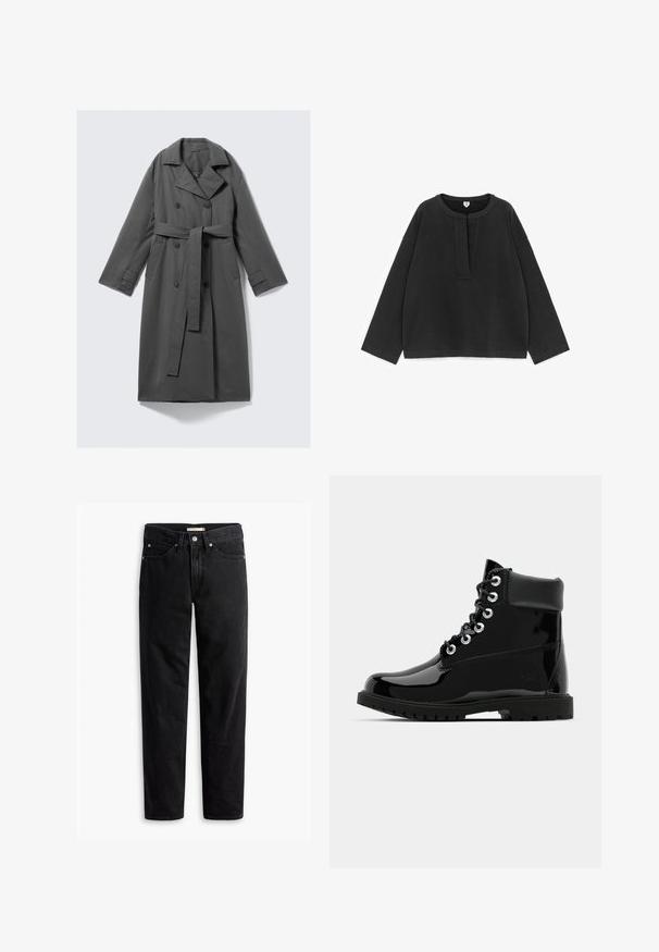 Grau Trenchcoat mit doppelreihiger Front, taillierter Weste, breitem Reverskragen und seitlichen Taschen. Glattes Material mit matter Oberfläche.; Schwarzer Sweatshirt mit langen Ärmeln, Rundhalsausschnitt und kurzem Schlitz am Ausschnitt. Hergestellt aus weichem Stoff mit glatter Textur und entspannter Passform.; Schwarze gerade Jeans mit Knopf- und Reißverschluss, Gürtelschlaufen sowie Vorder- und Gesäßtaschen, auf weißem Hintergrund flach präsentiert.; Schwarze, glänzende Knöchelstiefel mit einer glatten Lackleder-Oberfläche, runder Zehenform, Schnürung mit sechs Ösen und einer robusten Gummisohle.