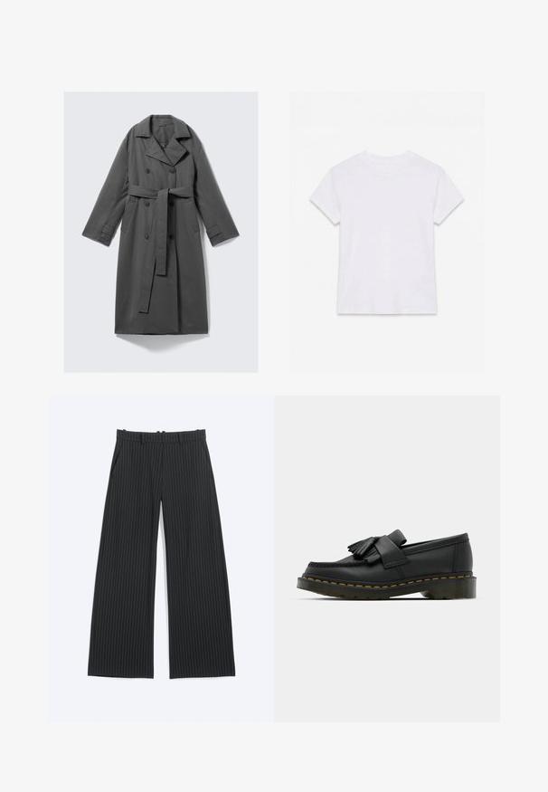 Grijze trenchcoat met een dubbelgeknoopte voorkant, ceintuur in de taille, brede notch-kraag en zijzakken. Glad stof met een matte afwerking.; Effen wit katoenen T-shirt met korte mouwen en ronde hals, plat gelegd op een witte achtergrond.; Zwarte broek met wijde pijpen en dunne witte krijtstrepen, met riemlussen, voorzakken en een onzichtbare voorsluiting.; Zwarte leren loafers met een ronde neus, voorzien van een franjesdetail en een decoratieve band aan de voorkant, geplaatst op een chunky hak.