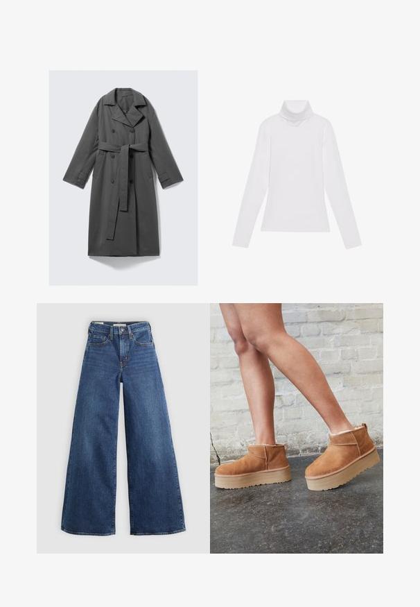Grau Trenchcoat mit doppelreihiger Front, taillierter Weste, breitem Reverskragen und seitlichen Taschen. Glattes Material mit matter Oberfläche.; Weißes Langarm-Turtleneck-Oberteil aus glattem, elastischem Stoff. Mit hohem Kragen und tailliertem Schnitt, ohne sichtbare Muster oder Verzierungen.; Weite blaue Jeans aus Denim mit fünf Taschen, einem Knopfverschluss und Kontrastnähten, die eine weiche und strukturierte Oberfläche aufweisen.; Braune Wildleder-Stiefeletten mit einem weichen Futter, dicker beige Plateau-Sohle und einer Zuglasche auf der Rückseite. Strukturiert Oberfläche mit sichtbaren Nähdetails.