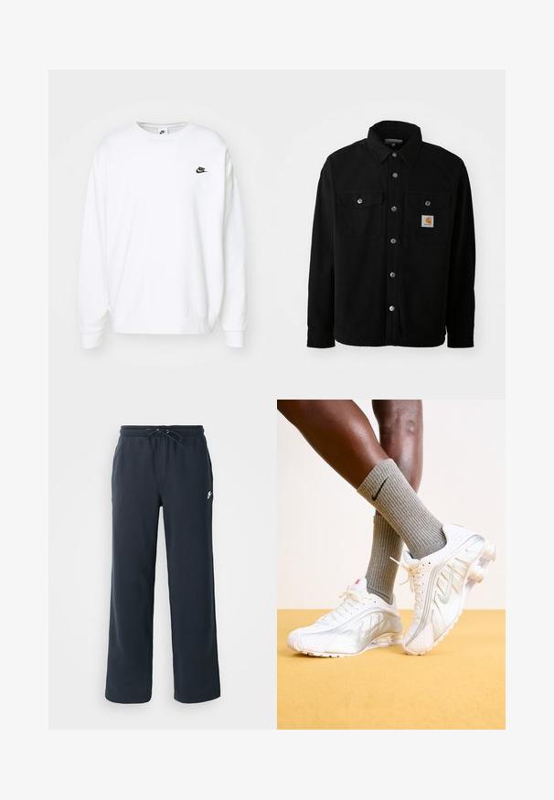 Must musta särk-jakk, millel on terav krae, metallist nööbid, kaks rinna taskut ja ruudukujuline logoäpp brändi jaoks vasakul taskul.; Valge puuvillaseguseg sweatshirt, millel on pikad varrukad, soonikkoes kraed ja soonikkoes mansetid. Rinnal on väike must Nike'i logo.; Tumedast meresinised dressipüksid elastse vöökoha ja nööriga. Valmistatud pehmest kangast, vasakul puusal väike valge logo.; Nike tenisijad valgetes toonides, hõbedaste aktsentidega, tekstureeritud paneelide ja perforatsioonidega. Koos hallide ribadega sokkidega, kollasel taustal.