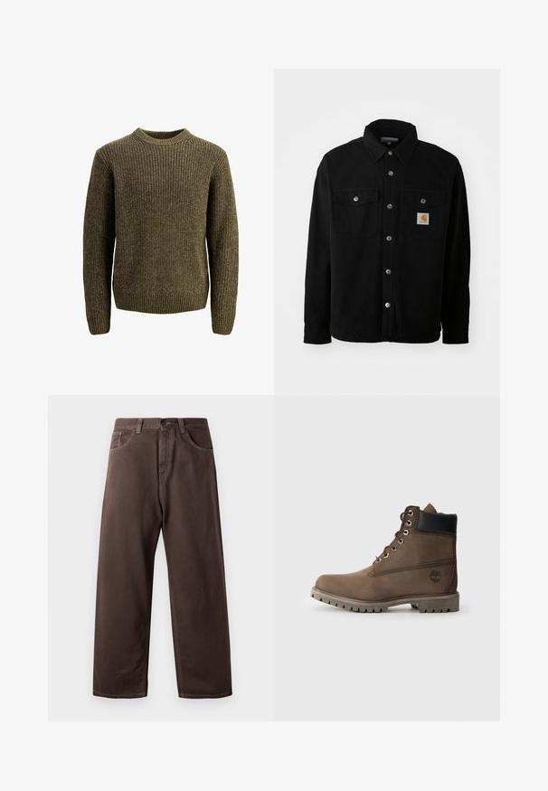 Veste en coton noir avec un col pointu, des boutons en métal, deux poches poitrine et un écusson logo carré sur la poche gauche.; Pull en maille de couleur vert olive. Texture côtelée, col rond et manches longues. Design simple avec une coupe régulière.; Pantalons larges marron en coton, avec un design classique à cinq poches, une fermeture éclair et des détails de couture visibles.; Bottines en cuir marron avec un col noir, œillets en métal et semelle grise robuste. Comprend un logo sur le côté et des détails cousus.