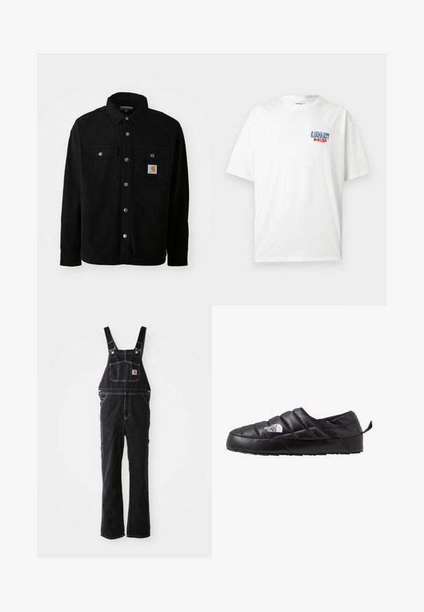 Sort bomulds skjortejakke med spids krave, metal knapper, to brystlommer og et firkantet logo patch på venstre lomme.; Hvid T-shirt med korte ærmer med blå og rød "Carhartt WIP"-logo på venstre bryst, rund hals og løs pasform.; Sorte denim overalls har justerbare stropper, en frontlomme og gyldne hardware-detaljer. Stoffet har en tekstureret, robust overflade.; Sort slip-on sko med et quiltet design, lavet af polstret materiale. Har en struktureret gummisål og et lille trækstrop bagpå.