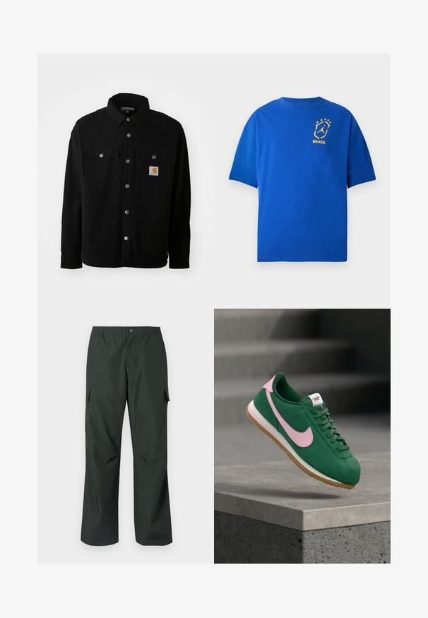 Chaqueta de camisa de algodón negra con cuello puntiagudo, botones de metal, dos bolsillos en el pecho y un parche cuadrado del logo en el bolsillo izquierdo.; Camiseta azul de manga corta con el emblema amarillo de Brasil y cinco estrellas en el pecho izquierdo.; Pantalones cargo verde oscuro con un corte relajado, cintura elástica, bolsillos cosidos y una textura de tela suave y ligera.; Zapatilla de ante verde con un logo swoosh rosa, puntera redonda y suela de goma texturizada. Cuenta con cordones planos y un cuello acolchado.