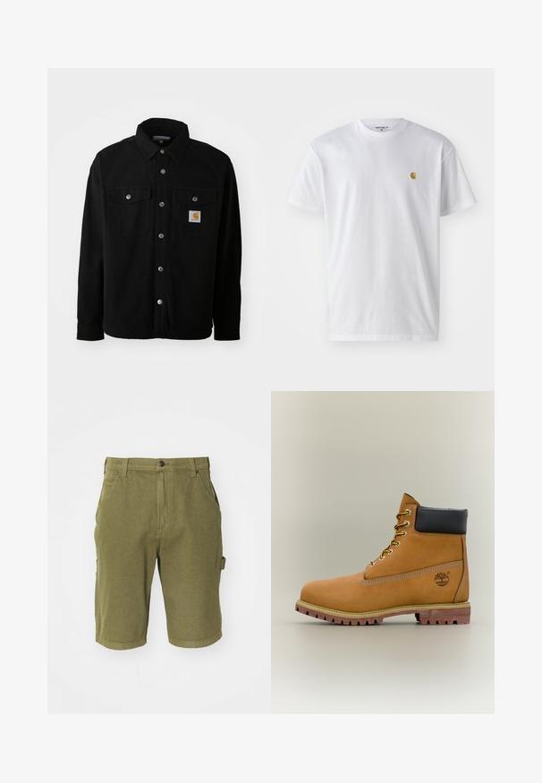 Chaqueta de camisa de algodón negra con cuello puntiagudo, botones de metal, dos bolsillos en el pecho y un parche cuadrado del logo en el bolsillo izquierdo.; Camiseta de algodón blanca con mangas cortas, cuello redondo, que presenta un pequeño logo dorado en la parte izquierda del pecho. Textura suave y corte regular.; Bermudas de algodón verde oliva con cierre de botón, trabillas para cinturón, bolsillos laterales y un acabado de tela ligeramente texturizado.; Bota de tobillo de cuero marrón con cuello negro, cordones amarillos y suela beige. Presenta un logotipo y detalles de costura blanca. Suela exterior con tracción robusta.
