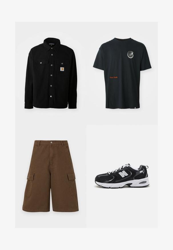 Sort bomulds skjortejakke med spids krave, metal knapper, to brystlommer og et firkantet logo patch på venstre lomme.; Sort kortærmet T-shirt med lille hvid fossilgrafik på brystet og orange "Texas Fossils" tekst nær nederste venstre hjørne.; Brune cargo shorts med lige snit, to sidelommer og knaplukning foran. Fremstillet af slidstærkt bomuldsstof med en mat finish.; Sorte og grå sportssko med mesh og ruskind på overdelen, der har en hvid mellemsål, snørebånd og et iøjnefaldende "N" logo på siden.