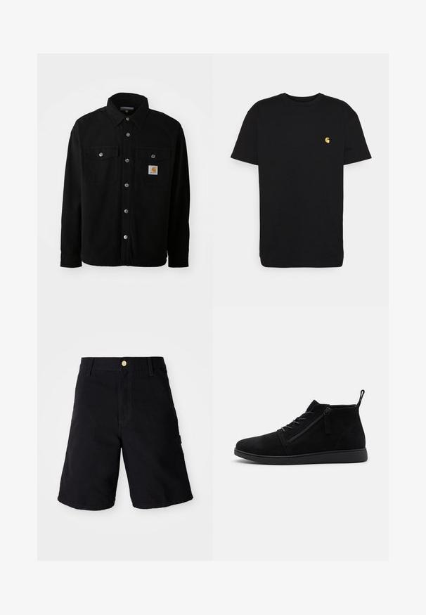 Sort bomulds skjortejakke med spids krave, metal knapper, to brystlommer og et firkantet logo patch på venstre lomme.; Sort bomulds t-shirt med korte ærmer, rund halsudskæring og et lille gult logo på venstre brystområde. Enkel design og almindelig pasform.; Sorte denim shorts med knaplukning, med lige skæring, sidelommer og forstærket syning for holdbarhed.; Sorte ruskind ankelstøvler har en rund tå, snørebånd foran og en lynlås i siden. Sålen er flad med en tekstureret overflade for bedre greb.