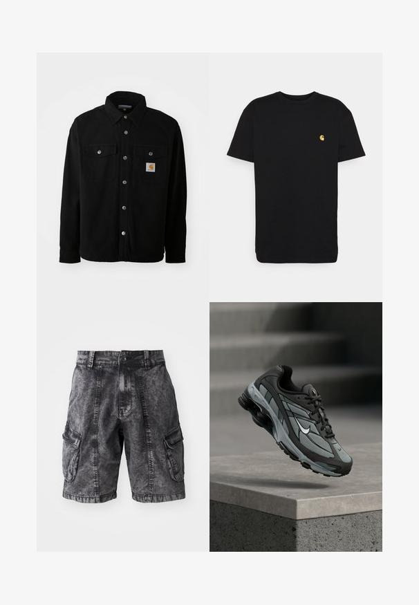 Chaqueta de camisa de algodón negra con cuello puntiagudo, botones de metal, dos bolsillos en el pecho y un parche cuadrado del logo en el bolsillo izquierdo.; Camiseta de algodón negra con mangas cortas, cuello redondo y un pequeño logo amarillo en el área del pecho izquierdo. Diseño simple y ajuste regular.; Pantalones cortos cargo de mezclilla negra con textura desgastada, dos bolsillos laterales y cierre de botón. Hasta la rodilla con costuras reforzadas.; Zapatilla deportiva gris y negra con paneles de malla y suela gruesa, posicionada en el aire sobre un saliente de hormigón con escaleras de fondo.