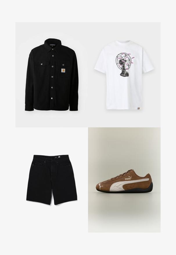 Veste en coton noir avec un col pointu, des boutons en métal, deux poches poitrine et un écusson logo carré sur la poche gauche.; T-shirt blanc avec un graphisme vintage de ventilateur noir présentant plusieurs étiquettes roses portant la mention « CARHARTT WIP » attachées aux pales du ventilateur.; Short en jean noir avec boutons et fermeture éclair à l'avant, passants pour ceinture et cinq poches, présenté sur fond blanc.; Baskets en daim marron avec des accents blancs et un design texturé. Elles disposent d'une semelle en caoutchouc noire et d'un logo Puma proéminent sur le côté.