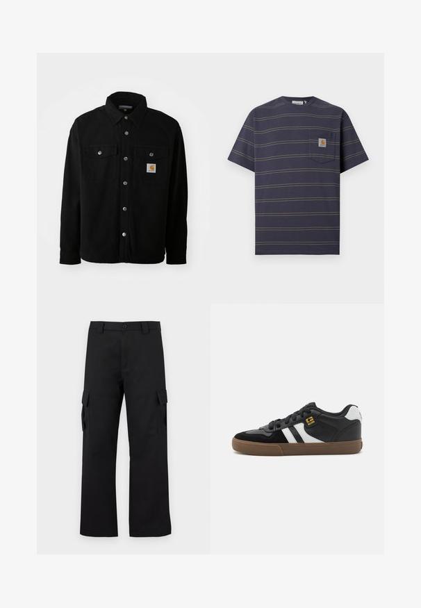 Veste en coton noir avec un col pointu, des boutons en métal, deux poches poitrine et un écusson logo carré sur la poche gauche.; T-shirt bleu marine à manches courtes avec fines rayures horizontales jaunes et petite poche poitrine avec patch logo Carhartt.; Pantalons cargo noirs avec une coupe droite. Fabriqués à partir d'un tissu durable, ils disposent de deux poches latérales avec fermetures à rabat et d'un zip à bouton.; Baskets noir et blanc avec une tige en daim et en cuir, présentant des rayures blanches, des lacets noirs et une semelle en caoutchouc marron. Accents de logo dorés.