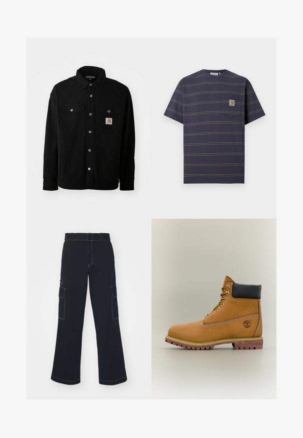 Chaqueta de camisa de algodón negra con cuello puntiagudo, botones de metal, dos bolsillos en el pecho y un parche cuadrado del logo en el bolsillo izquierdo.; Camiseta azul marino de manga corta con finas rayas horizontales amarillas y un pequeño bolsillo en el pecho con parches del logo de Carhartt.; Pantalones cargo negros de pierna ancha, con dos bolsillos laterales, costuras en contraste y una cinturilla estándar. Material de algodón suave.; Bota de tobillo de cuero marrón con cuello negro, cordones amarillos y suela beige. Presenta un logotipo y detalles de costura blanca. Suela exterior con tracción robusta.