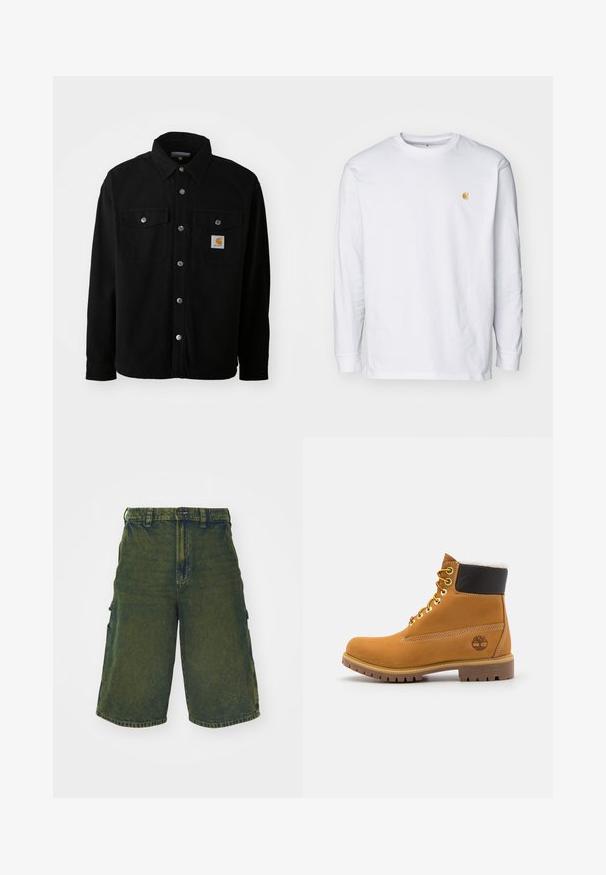 Zwarte katoenen shirtjack met een spitse kraag, metalen knopen, twee borstzakken en een vierkant logo patch op de linker zak.; Witte lange mouwen t-shirt van katoen. Voorzien van een klein gouden logo op de borst en een ronde hals. Eenvoudig ontwerp en standaard pasvorm.; Groene denim cargoshorts met een relaxte pasvorm, voorzien van zijzakken en een knoopsluiting. Vervaardigd met een versleten textuur en een rechte snit.; Bruine leren enkellaars met metalen oogjes, witte faux bont voering, zwarte gewatteerde kraag, robuuste zool en een reliëflogo aan de zijkant.