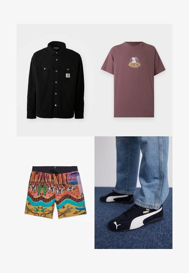 Veste en coton noir avec un col pointu, des boutons en métal, deux poches poitrine et un écusson logo carré sur la poche gauche.; T-shirt à manches courtes mauve foncé avec un personnage de chauve-souris dessin animé blanc assis sur une forme de soleil jaune avec le texte "Volcom" au centre.; Short coloré avec un décor désertique comprenant des cow-boys à cheval, des cactus, des lézards, des grenouilles et une rivière bleue sinueuse sous une ceinture noire.; Baskets en daim noir avec accents blancs, arborant un logo doré. Portées avec un jean en denim bleu clair et posées sur une surface bleue texturée.