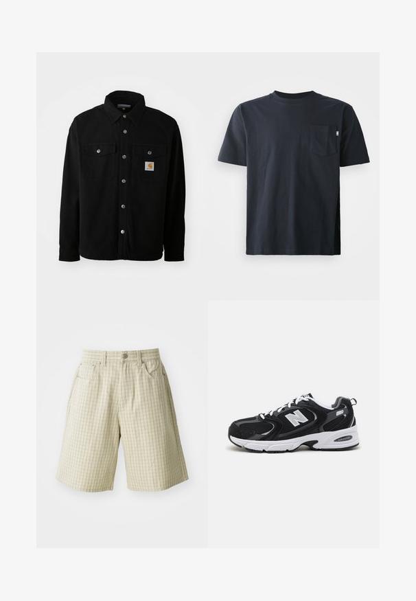 Schwarze Baumwollhemdjacke mit spitzem Kragen, Metallknöpfen, zwei Brusttaschen und einem quadratischen Logopatch auf der linken Tasche.; Dunkelblaues Baumwoll-T-Shirt mit rundem Ausschnitt und kurzen Ärmeln. Enthält eine einzelne Brusttasche und ein gerades Saumdesign.; Beige karierte Shorts aus leichtem Stoff, ausgestattet mit zwei Seitentaschen, einem Knopfverschluss und einem entspannten Schnitt.; Schwarze und graue Sportschuhe mit Obermaterial aus Mesh und Wildleder, ausgestattet mit einer weißen Zwischensohle, Schnürsenkeln und einem markanten "N"-Logo an der Seite.