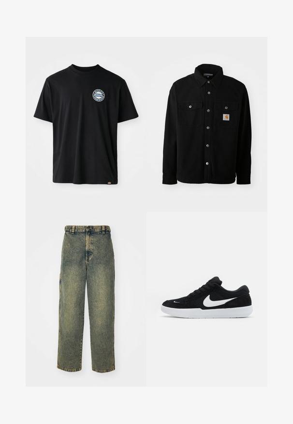 Schwarze Baumwollhemdjacke mit spitzem Kragen, Metallknöpfen, zwei Brusttaschen und einem quadratischen Logopatch auf der linken Tasche.; Schwarzes Baumwoll-T-Shirt mit einem runden Logo auf der Brust. Kurze Ärmel und Rundhalsausschnitt mit geradem Schnitt am Saum.; Baggy-Jeans aus Denim in einer verblassten Blauen und Grünen Waschung. Mit Knopfverschluss, Gürtelschlaufen und Seitentaschen. Flaches Vorderteil und gerades Bein-Design.; Schwarze Wildledersneaker mit weißen Akzenten, runder Zehenform, dicker weißer Sohle und schwarzen Schnürsenkeln. Auffälliges weißes Nike-Logo an der Seite.