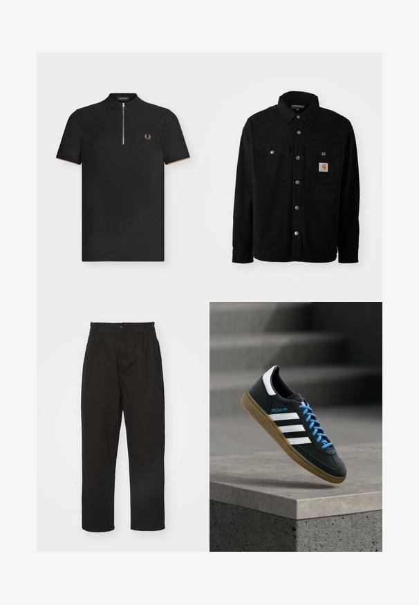 Veste en coton noir avec un col pointu, des boutons en métal, deux poches poitrine et un écusson logo carré sur la poche gauche.; Polo noir à manches courtes avec demi-fermeture éclair, tissu texturé, petit logo laurier doré sur la poitrine et bordure marron discrète aux extrémités des manches.; Pantalons noirs en tissu lisse, dotés d'une fermeture à bouton, d'une coupe droite et de deux plis à l'avant pour un détail supplémentaire.; Baskets Adidas noires avec des rayures blanches, des lacets bleus et une semelle en gomme flottant au-dessus d'une marche en béton grise sous une lumière douce.