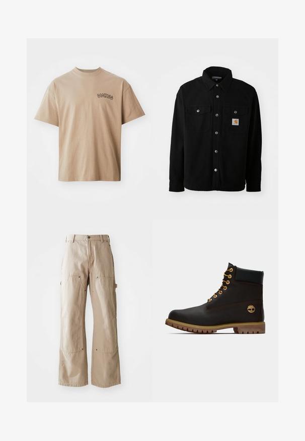 Schwarze Baumwollhemdjacke mit spitzem Kragen, Metallknöpfen, zwei Brusttaschen und einem quadratischen Logopatch auf der linken Tasche.; Beige Baumwoll-T-Shirt mit kurzen Ärmeln und Rundhalsausschnitt. Auf der linken Brust befindet sich ein schwarzer "DICKIES"-Aufdruck. Klassische Passform und glatte Textur.; Beige weite Hosen aus robustem Baumwollstoff. Verfügt über Front- und Seiten pockets, sichtbare Nähte und Metallakzente an den Taschen.; Schwarze Leder-Ankle-Boots mit goldenen Ösen, braunen Akzenten und einer Gummisohle. Verfügt über einen gepolsterten Schaft und ein geprägtes Logo an der Seite.