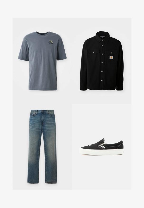 Schwarze Baumwollhemdjacke mit spitzem Kragen, Metallknöpfen, zwei Brusttaschen und einem quadratischen Logopatch auf der linken Tasche.; Graues Kurzarm-T-Shirt aus Baumwolle, mit einem kleinen gestickten Logo und floralem Design im linken Brustbereich.; Blaue Jeans mit geradem Bein, verwaschenem Look, vorderer Knopf- und Reißverschluss sowie klassischem Fünf-Taschen-Design.; Schwarzer Vans Slip-On-Sneaker mit weißer Gummisohle, weißen Nähten und elastischen Seiteneinsätzen, Ansicht von der Außenseite.