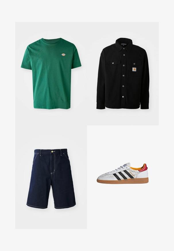 Zwarte katoenen shirtjack met een spitse kraag, metalen knopen, twee borstzakken en een vierkant logo patch op de linker zak.; Groene katoenen t-shirt met een ronde hals, korte mouwen en een klein meerkleurig logo op de linkerkant van de borst. Zachte textuur, casual ontwerp.; Donkerblauwe denim shorts met witte stiksels, een klassieke snit, vijf zakken en een sluiting met een knoop aan de voorkant.; Witte Adidas Spezial sneaker met zwarte strepen, gumzool, doorgestikt patroon, rood hielstuk en gele voering, zijaanzicht.
