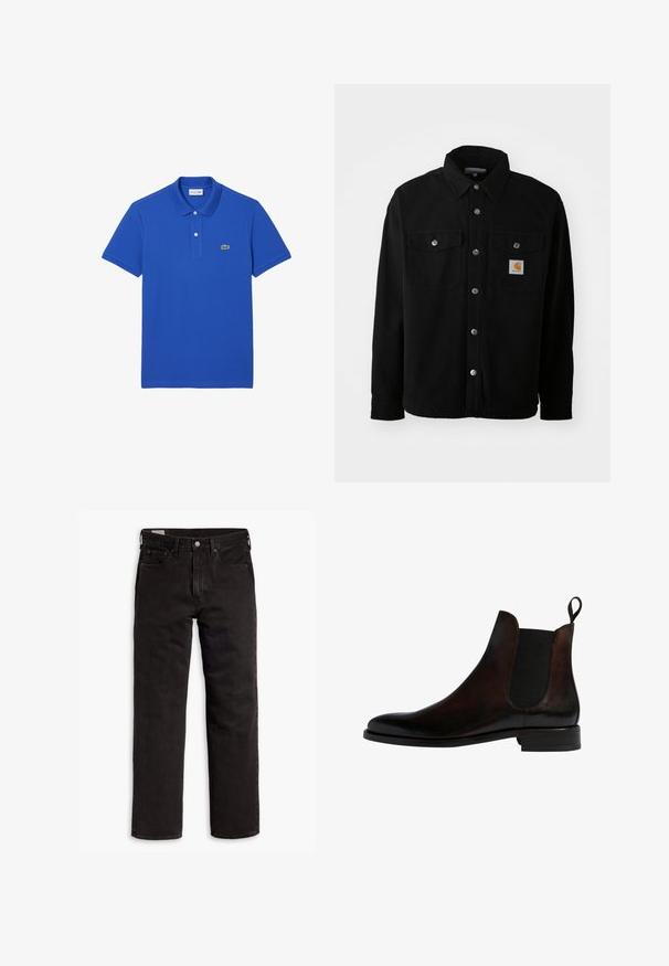 Chaqueta de camisa de algodón negra con cuello puntiagudo, botones de metal, dos bolsillos en el pecho y un parche cuadrado del logo en el bolsillo izquierdo.; Polo azul hecho de algodón, con un cuello clásico, una tapeta de dos botones y un logo de cocodrilo verde en el lado izquierdo del pecho.; Vaqueros de mezclilla negros de pierna recta con cinco bolsillos, cierre de botón y trabillas para cinturón, dispuestos sobre un fondo blanco.; Scarosso ENZO - Botines - dark brown calf