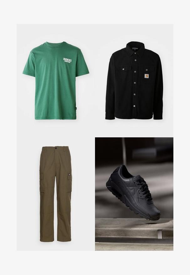 Chaqueta de camisa de algodón negra con cuello puntiagudo, botones de metal, dos bolsillos en el pecho y un parche cuadrado del logo en el bolsillo izquierdo.; Camiseta de algodón verde con cuello redondo, mangas cortas y un logo blanco en el lado izquierdo del pecho. Textura suave y corte relajado.; Pantalones cargo en verde oliva, hechos de un tejido resistente. Presenta dos bolsillos laterales, una cintura estándar y un diseño de pierna recta.; Zapatillas Nike Air Max negras con parte superior de cuero texturizado, suela de goma y un sistema de cordones prominente, que muestran un diseño elegante y moderno.