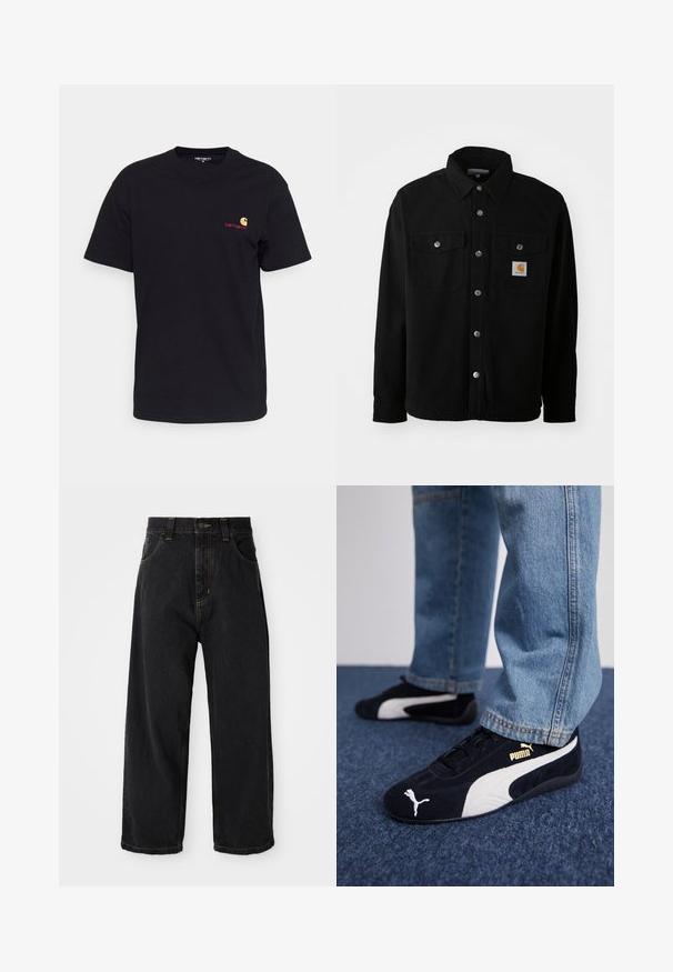 Veste en coton noir avec un col pointu, des boutons en métal, deux poches poitrine et un écusson logo carré sur la poche gauche.; T-shirt en coton noir à manches courtes, col rond, avec un petit logo coloré sur la poitrine gauche. Coupe classique avec une texture lisse.; Jeans en denim noirs à coupe large avec taille haute, bouton avant, fermeture éclair et surpiqûres jaunes sur les poches et les coutures.; Baskets en daim noir avec accents blancs, arborant un logo doré. Portées avec un jean en denim bleu clair et posées sur une surface bleue texturée.