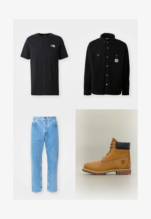 Zwarte katoenen shirtjack met een spitse kraag, metalen knopen, twee borstzakken en een vierkant logo patch op de linker zak.; Zwart katoenen T-shirt met korte mouwen, ronde hals, met een klein wit logo op de linkerkant van de borst. Zachte textuur, casual pasvorm.; Lichtblauwe denim jeans hebben een rechte pijpdesign, vijf zakken en een klassiek knoopsluiting bij de taille.; Bruine leren enkellaars met zwarte kraag, gele veters en een zandkleurige zool. Voorzien van een logo en witte stikseldetails. Robuuste loopzool met grip.