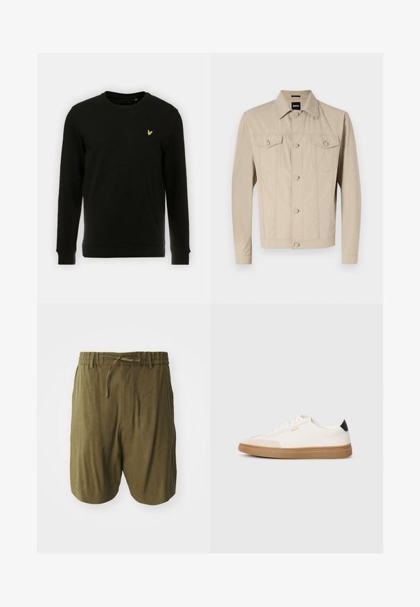 Beige denimjack met een klassieke kraag, voorknopsluiting en twee borstzakken; heeft naaddetails en lange mouwen.; Zwarte sweatshirt van katoen, met lange mouwen en een ronde hals. Opvallend geel vogel logo op de linkerborst. Zachte textuur.; Olivengroene shorts van lichtgewicht stof, voorzien van een elastische waistband met een trekkoord en zijzakken voor extra gemak.; Witte sneakers met beige accenten, bovenwerk van glad leer, ronde neus en rubberen gumzool, met een zwarte hieltab en subtiele branding.