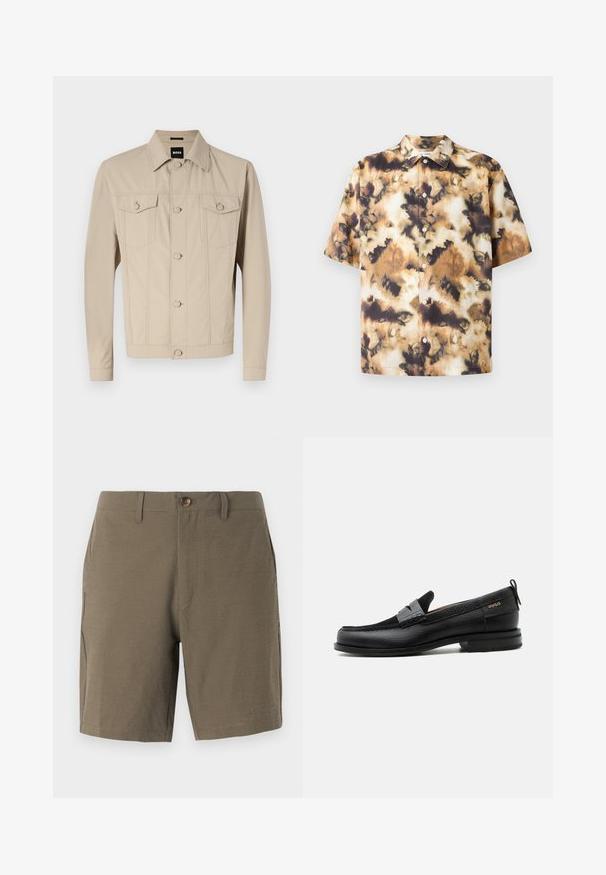 Bež džinsjak klassikalise kraega, eest nööpide sulgemisega ja kaht rinna taskut; omaduseks on õmblusteenuse detailid ja pikad varrukad.; Samsøe Samsøe SAAYO SHIRT - Pluus - collage cameo; Oliivrohelised lühikesed püksid, valminud tekstureeritud kangast, nööbiga kinnitusega ja siledal eesmisel küljel, külgmiste taskutega praktilisuse huvides.; Must nahast loafer halli rihma detailiga, madala kand ja tekstuurse tallaga, külgedel kuldse "HUGO" brändiga.
