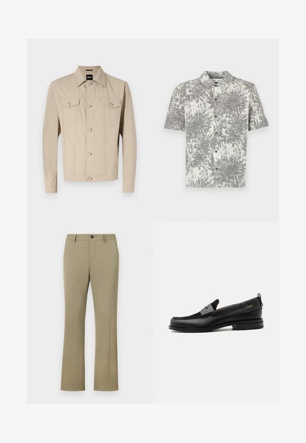 Beige denimjakke med klassisk krave, frontlukning med knapper og to brystlommer; har sømdetaljer og lange ærmer.; Kortærmet skjorte med knapper foran i sort og hvidt abstrakt mønster. Har krave og frontknapper, lavet af let stof.; Lysbrune, bælgende bukser med en glat, vævet tekstur. Har en knaplukning, lynlåsgylpter, sidelommer og en skræddersyet pasform.; Sort læderloafer med grå remdetalje, lav hæl og tekstureret sål, mærket med "HUGO" i guld på siden.