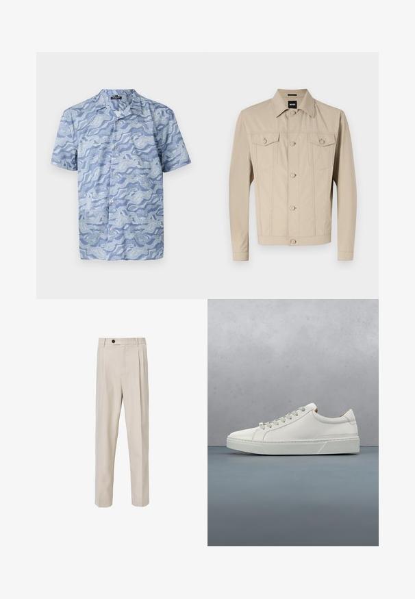 Beige denimjakke med klassisk krave, frontlukning med knapper og to brystlommer; har sømdetaljer og lange ærmer.; Kortærmet skjorte i lys blå med et bølgemønster. Lavet af blødt stof, med en knappet front og en camp-style krave.; Beige skræddersyede bukser med lige ben-design, der har frontplisseringer, knaplukning og en glat tekstur.; Hvid lædersneaker med rund tå, minimalistisk design, grå snørebånd og en tekstureret grå gummisål. Subtile syningsdetaljer er synlige.