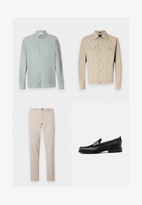 Beige denimjack met een klassieke kraag, voorknopsluiting en twee borstzakken; heeft naaddetails en lange mouwen.; Lichtgroene overhemd met lange mouwen, een kraag met knopen, een borstas en een iets gestructureerde stof. Voorzien van bijpassende knopen.; Beige slim-fit broek met riemlussen, knoopsluiting en rits aan de voorkant, plat liggend afgebeeld tegen een witte achtergrond.; Zwarte leren loafer met grijs riemdetailelement, lage hak en gestructureerde zool, aan de zijkant gebrandmerkt met "HUGO" in goud.