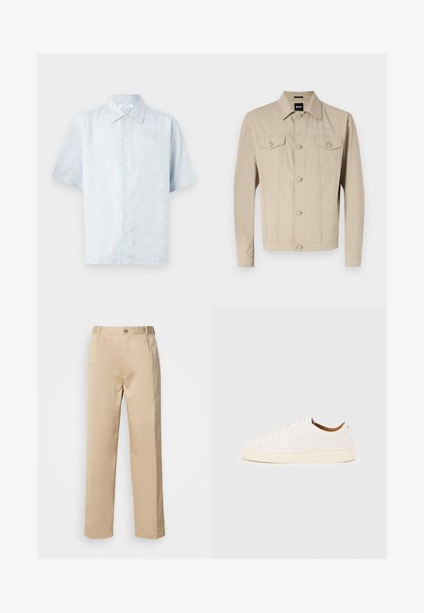 Veste en denim beige avec un col classique, fermeture à boutons sur le devant et deux poches poitrine ; présente des détails de couture et des manches longues.; Chemise bleu clair à manches courtes avec un motif de feuilles subtil, fermeture à boutons, et un col classique fabriquée dans un tissu lisse et texturé.; Pantalons beiges en tissu léger, avec une coupe droite, une taille avec passants de ceinture et une fermeture à bouton sur le devant.; Baskets blanches basses avec un design à lacets, des détails de couture minimalistes, et une semelle couleur crème sur un fond gris clair.