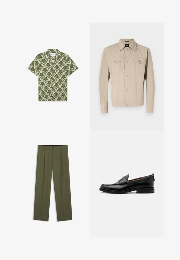 Beige denimjakke med klassisk krave, frontlukning med knapper og to brystlommer; har sømdetaljer og lange ærmer.; Kortærmet skjorte med et grønt blomstermønster på en lys beige baggrund. Har en krave og et mærke med teksten "Les Deux."; Olivengrønne bukser med lige ben, bæltestropper, en knap foran og lynlås, vist fladt mod en hvid baggrund.; Sort læder herre loafer med moc-tå syning, penny strop, struktureret krave og lav stablet hæl på hvid baggrund.