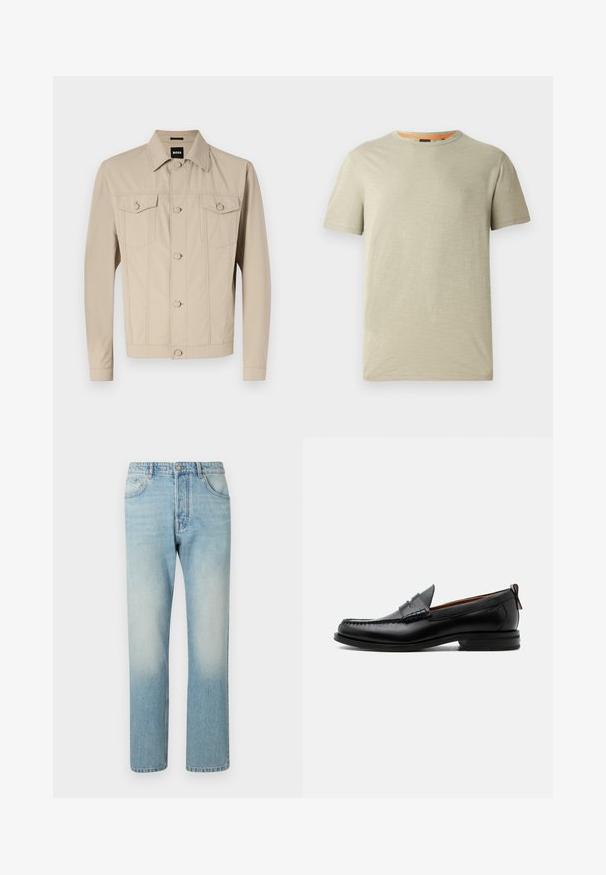 Beige Jeansjacke mit klassischem Kragen, Vorderknopfverschluss und zwei Brusttaschen; mit Nahtdetails und langen Ärmeln.; Hellgrünes, kurzärmliges T-Shirt aus strukturiertem Stoff. Es hat einen runden Halsauschnitt und ein kleines eingeprägtes "BOSS"-Logo auf der Brust.; Helle blaue Jeans aus Denim mit geradem Bein, fünf Taschen und einem ausgewaschenen Effekt an den Oberschenkeln.; Schwarzer Leder-Herrenschuh mit Mokassinnaht, Penny-Riemen, strukturiertem Kragen und niedrigem gestapeltem Absatz auf weißem Hintergrund.