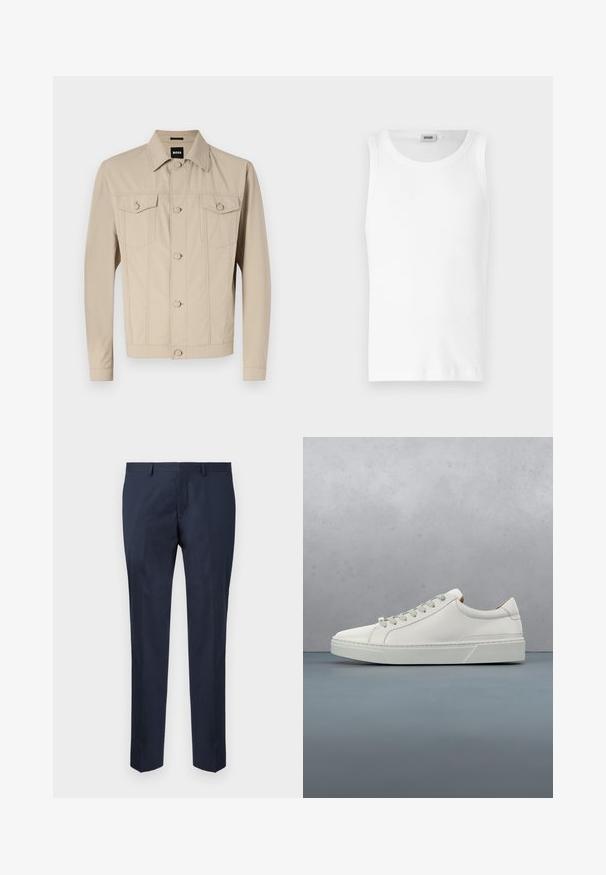 Beige denimjakke med klassisk krave, frontlukning med knapper og to brystlommer; har sømdetaljer og lange ærmer.; Hvid bomulds tanktop uden ærmer med rund halsudskæring og en glat tekstur. Enkel design, ingen mønstre eller accenter.; Skræddersyede navyblå bukser lavet af et glat stof. Har design med lige ben, flad front og sidelommer.; Hvid lædersneaker med rund tå, minimalistisk design, grå snørebånd og en tekstureret grå gummisål. Subtile syningsdetaljer er synlige.