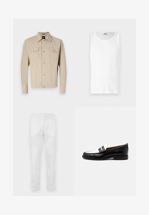 Veste en denim beige avec un col classique, fermeture à boutons sur le devant et deux poches poitrine ; présente des détails de couture et des manches longues.; Débardeur en coton blanc sans manches avec un col rond et une texture lisse. Design simple, sans motifs ni accents.; Pantalon blanc ajusté avec passants de ceinture, fermeture éclair à l'avant et poches latérales, présenté à plat sur un fond neutre.; Mocassin en cuir noir et blanc avec des détails cousus, un petit talon et un design slip-on, présenté de profil sur un fond uni.