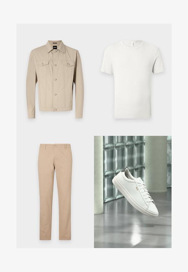Chaqueta de mezclilla beige con collar clásico, cierre frontal de botones y dos bolsillos en el pecho; presenta costuras decorativas y mangas largas.; Camiseta blanca lisa de manga corta y cuello redondo, extendida sobre una superficie gris claro, con una pequeña etiqueta de tela en el cuello.; Pantalones beige de algodón con corte recto, que cuentan con un cierre frontal de botones, bolsillos laterales y detalles de textura sutil.; Zapatilla deportiva de piel blanca de corte bajo con cordones, lengüeta negra en el talón y logo "BOSS", flotando en interiores cerca de una pared de bloques de vidrio y suelo pulido.