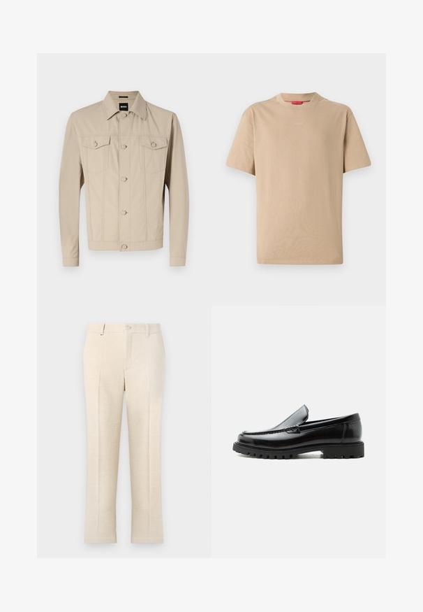 Beige denimjack met een klassieke kraag, voorknopsluiting en twee borstzakken; heeft naaddetails en lange mouwen.; Beige katoenen T-shirt met korte mouwen, ronde hals en subtiele "HUGO"-logo in het midden. Glad textuur, ontspannen pasvorm.; Beige op maat gemaakte broek met een gestructureerde stof, voorzien van een ritssluiting, twee voorkruiszakken en een smal, recht model.; Zwarte leren loafer met dikke rubberen zool, gestikte bovenkant en gegraveerde merknaam op de hiel, zijaanzicht op witte achtergrond.