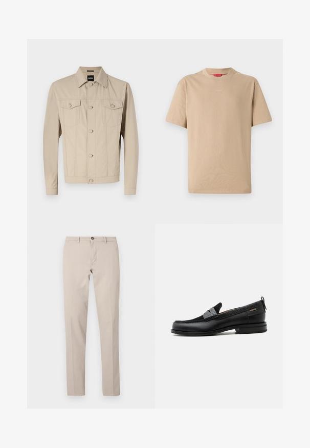 Beige denimjack met een klassieke kraag, voorknopsluiting en twee borstzakken; heeft naaddetails en lange mouwen.; Beige katoenen T-shirt met korte mouwen, ronde hals en subtiele "HUGO"-logo in het midden. Glad textuur, ontspannen pasvorm.; Beige slim-fit broek met riemlussen, knoopsluiting en rits aan de voorkant, plat liggend afgebeeld tegen een witte achtergrond.; Zwarte leren loafer met grijs riemdetailelement, lage hak en gestructureerde zool, aan de zijkant gebrandmerkt met "HUGO" in goud.
