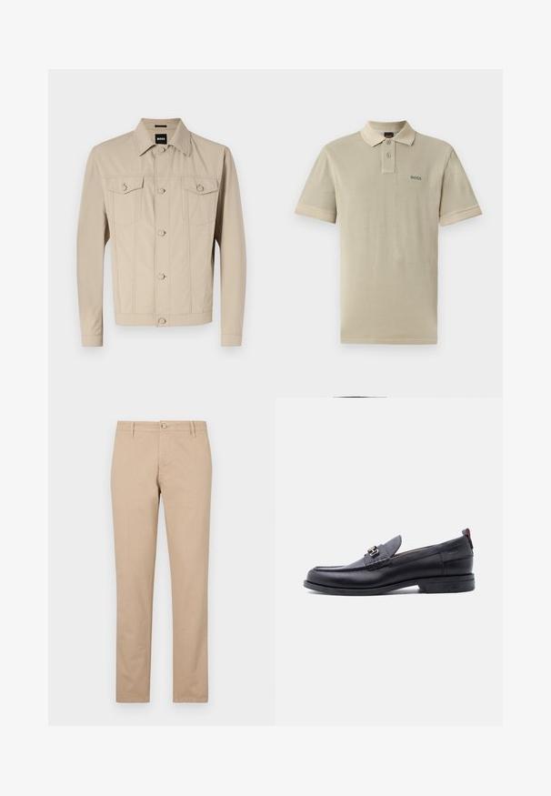 Bež džinsjak klassikalise kraega, eest nööpide sulgemisega ja kaht rinna taskut; omaduseks on õmblusteenuse detailid ja pikad varrukad.; Beige puuvillane polo-särk, millel on kontrastne krae ja varrukate ääred. Vasakul rinnal on roheline "BOSS" logo.; Beez värvi puuvillased püksid sirge jala lõikega, millel on ees nup closure, küljetaskud ja delikaatsed tekstuuri detailid.; Mustast nahast mokassiin halli tekstuuriga pealse ja hõbedase metallist pandlaga, madala kontsaga ja tagant tõmblukuga.