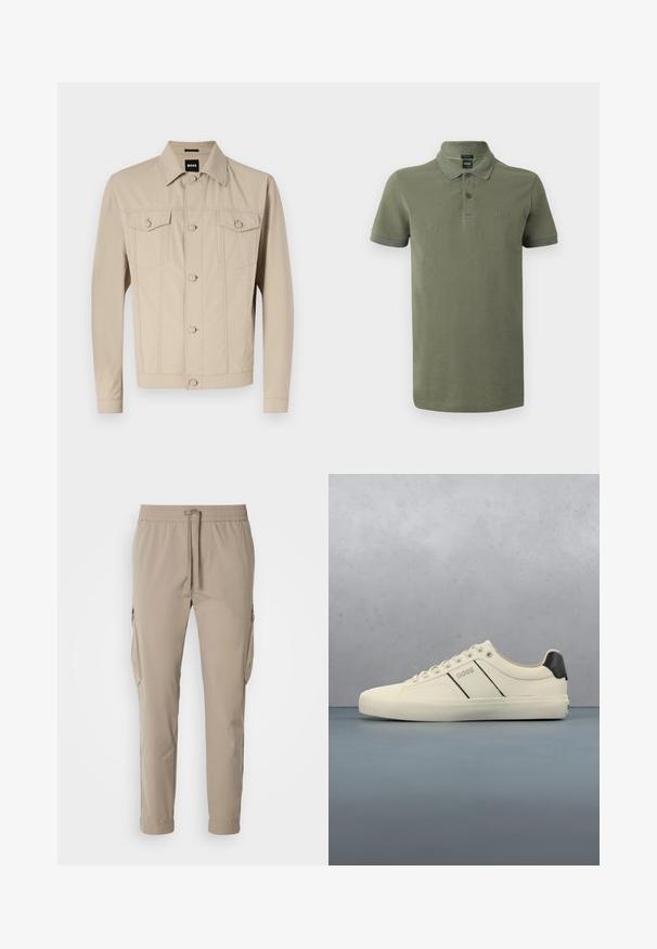Beige denimjakke med klassisk krave, frontlukning med knapper og to brystlommer; har sømdetaljer og lange ærmer.; Olivengrøn polo i bomuld med krave, to-knaps lukning og kontrasterende mørkegrønne detaljer på krave og ærmer.; Beige cargo bukser med elastisk talje og snøre. Har sidelommer og en tapered ben design, lavet af letvægtsstof.; Cremefarvede sneakers med en glat tekstur, der har sorte accenter og branding. Klassisk snørebåndsdesign med rund tå og gummisål.