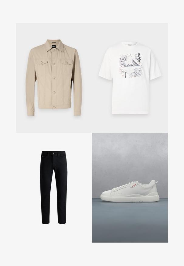 Beige denimjakke med klassisk krave, frontlukning med knapper og to brystlommer; har sømdetaljer og lange ærmer.; Hvid bomulds T-shirt med en sort og farverig grafik af Mount Fuji omgivet af blomsterdesigns og japansk tekst. Korte ærmer, rund hals.; Sorte slim-fit jeans med fem lommer, knaplukning og bæltestropper, præsenteret mod en hvid baggrund.; Hvide sneakers med en glat læderfinish, rund tå, fire snørehuller, subtile perforeringer og en rød logo detalje på siden.