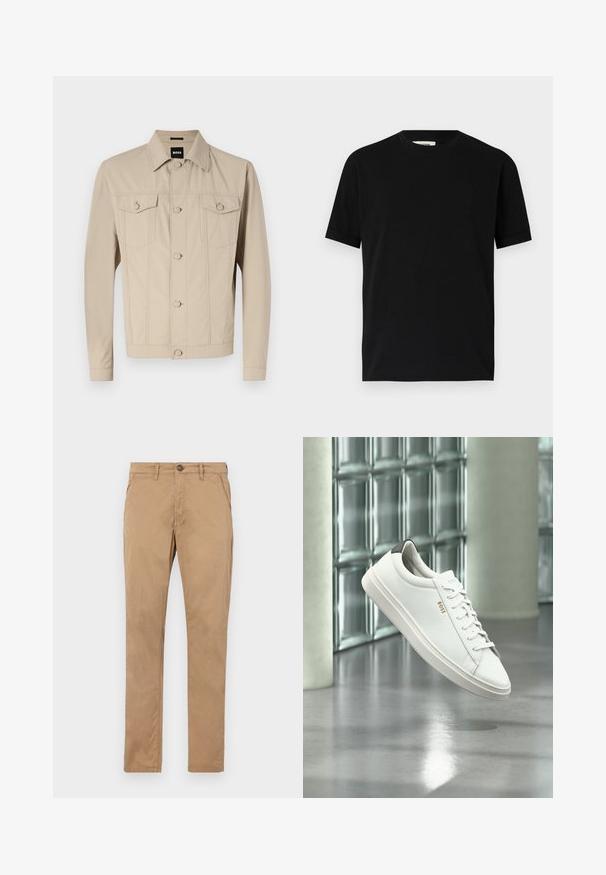 Veste en denim beige avec un col classique, fermeture à boutons sur le devant et deux poches poitrine ; présente des détails de couture et des manches longues.; T-shirt noir à manches courtes en coton avec un col rond et une coupe ample. Texture lisse, sans motifs ni logos visibles.; Chinos beige à jambes droites en coton. Présentent un bouton à l'avant, une fermeture éclair, et des poches latérales avec une texture lisse et sans motifs visibles.; Baskets basses en cuir blanc avec lacets, languette de talon noire et logo « BOSS », flottant à l'intérieur près d'un mur en blocs de verre et d'un sol poli.