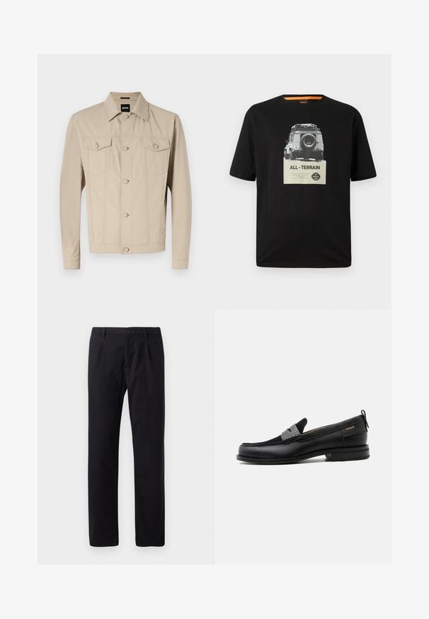 Beige denimjack met een klassieke kraag, voorknopsluiting en twee borstzakken; heeft naaddetails en lange mouwen.; Zwart katoenen t-shirt met ronde hals, voorzien van een grafische print van een klassiek voertuig en tekst "ALL - TERRAIN" op de borst.; Zwarte broek van een katoenmix, met een klassiek recht model, knoopsluiting en zonder zichtbare patronen of versieringen.; Zwarte leren loafer met grijs riemdetailelement, lage hak en gestructureerde zool, aan de zijkant gebrandmerkt met "HUGO" in goud.