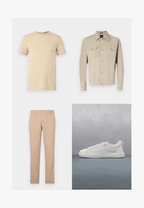 Veste en denim beige avec un col classique, fermeture à boutons sur le devant et deux poches poitrine ; présente des détails de couture et des manches longues.; T-shirt en coton beige à manches courtes, avec un col rond et un texte LOGO en relief sur le devant. Tissu lisse et coupe standard.; Pantalon beige en coton avec une coupe droite, doté d'une fermeture à bouton à l'avant, de poches latérales et de détails texturés subtils.; Sneaker blanche avec une finition en cuir lisse, bout rond, quatre œillets, perforations subtiles et un détail de logo rouge sur le côté.