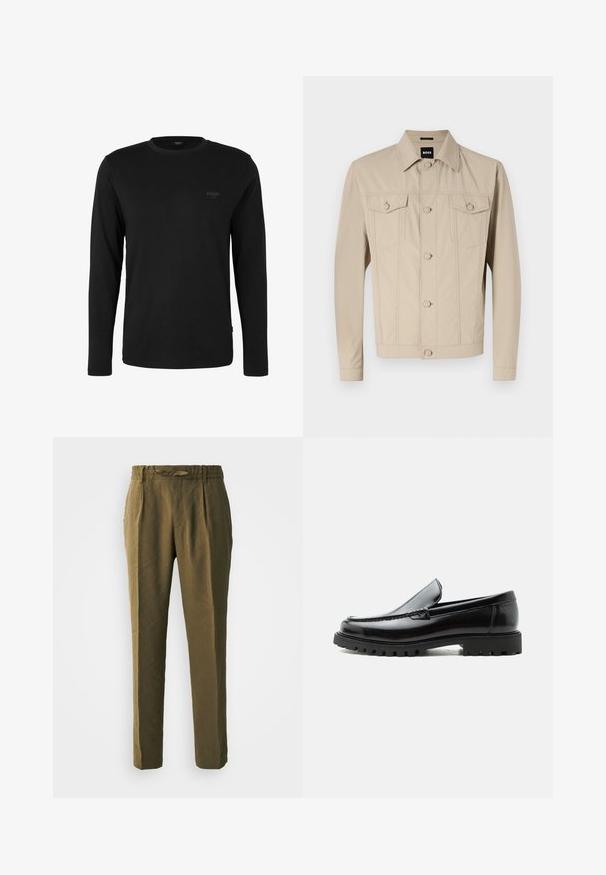 Beige denimjack met een klassieke kraag, voorknopsluiting en twee borstzakken; heeft naaddetails en lange mouwen.; Zwart shirt met lange mouwen en ronde hals met klein "JOOP! JEANS" logo op de linkerborst, weergegeven op een effen witte achtergrond.; Olijfgroene broeken van zacht materiaal, met een ontspannen pasvorm, geplooide voorkant en een elastische tailleband met een bijpassend trekkoord.; Zwarte leren loafer met dikke rubberen zool, gestikte bovenkant en gegraveerde merknaam op de hiel, zijaanzicht op witte achtergrond.