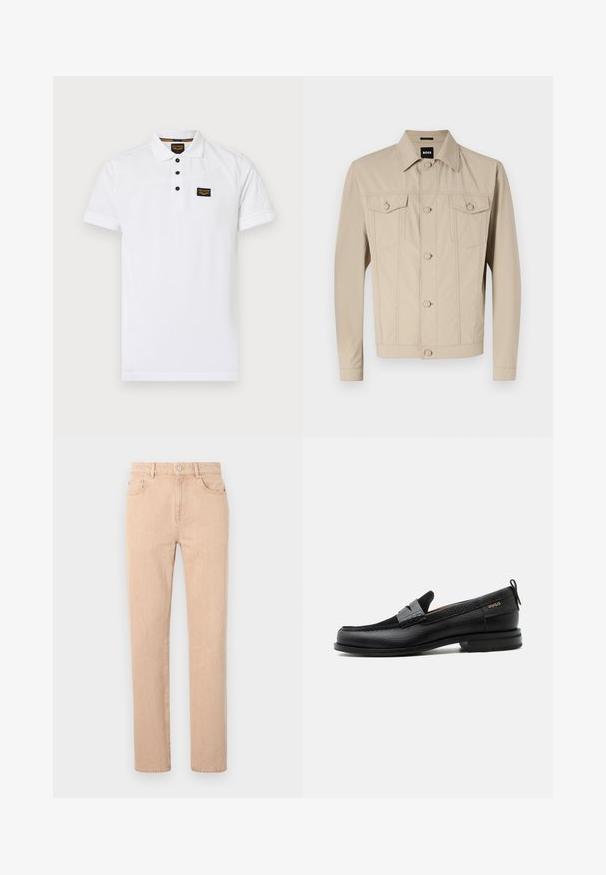 Beige Jeansjacke mit klassischem Kragen, Vorderknopfverschluss und zwei Brusttaschen; mit Nahtdetails und langen Ärmeln.; Weißes Poloshirt aus strukturiertem Baumwollstoff, mit einem Drei-Knopf-Verschluss, kurzen Ärmeln und einem schwarzen Logo-Patch auf der Brust.; Beige gerade geschnittene Jeans aus einem Baumwollmischgewebe, mit Reißverschluss, Gürtelschlaufen sowie Vorder- und Gesäßtaschen. Glatte Textur.; Schwarzer Lederloafer mit grauem Riemendetail, niedrigem Absatz und strukturierter Sohle, seitlich mit „HUGO“ in Gold gebrandmarkt.