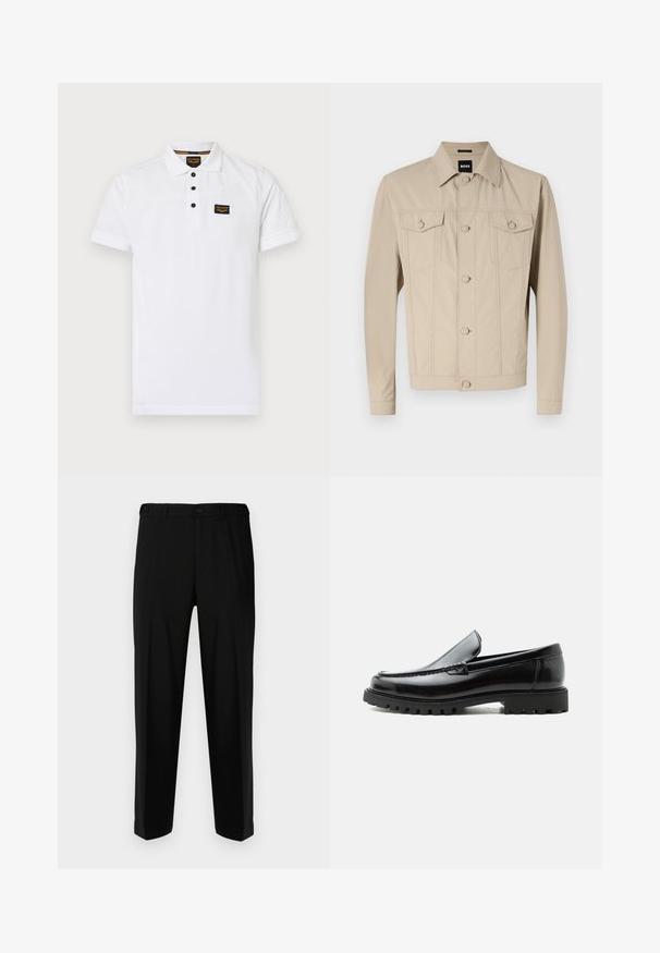 Beige Jeansjacke mit klassischem Kragen, Vorderknopfverschluss und zwei Brusttaschen; mit Nahtdetails und langen Ärmeln.; Weißes Poloshirt aus strukturiertem Baumwollstoff, mit einem Drei-Knopf-Verschluss, kurzen Ärmeln und einem schwarzen Logo-Patch auf der Brust.; Schwarze Hosen aus glattem Stoff, mit geradem Schnitt, zwei vorderen Taschen und einem Reißverschluss mit Knopfverschluss.; Schwarzer Lederloafer mit grober Gummisohle, genähter Oberseite und geprägtem Markennamen an der Ferse, seitlich auf weißem Hintergrund gezeigt.